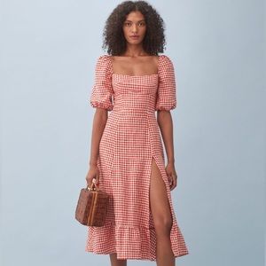 Reformation Belgium Linen Dress in May Check, Size 6